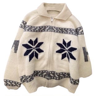 韩系休闲风翻领拉链开衫毛衣女2025冬季新款设计感提花显瘦上衣