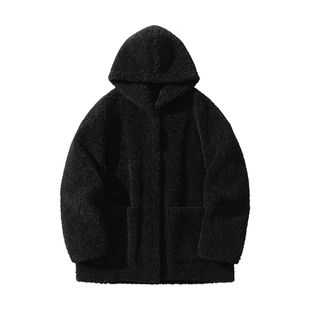 alex stevens 颗粒绒羊羔毛外套连帽女冬季宽松加厚黑色毛毛外套