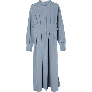 出口日本外贸春秋女装高腰修身气质通勤纽扣立领长袖衬衫连衣裙