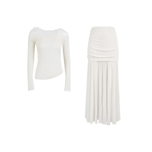 刘智贤【白雪公主】清冷感一字肩蕾丝V领上衣+法式半透网纱包臀裙