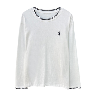 咖色撞色圆领打底衫女2026早秋新款宽松百搭小马刺绣长袖t恤女