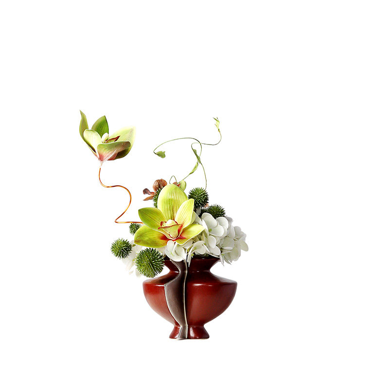 新中式红色银彩陶瓷小花瓶插花样板房展厅客厅茶几花艺高级感桌花