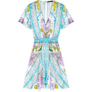 Maje春夏女装法式浪漫印花花卉图案荷叶边袖口收腰修身短款连衣裙