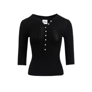 SMIIILE设计感亨利领半袖t恤上衣女五分袖春季弹力修身打底衫气质