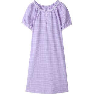 秋鹿小格子梭织棉睡裙女夏薄款圆领短袖中裙女款少女泡泡袖连衣裙