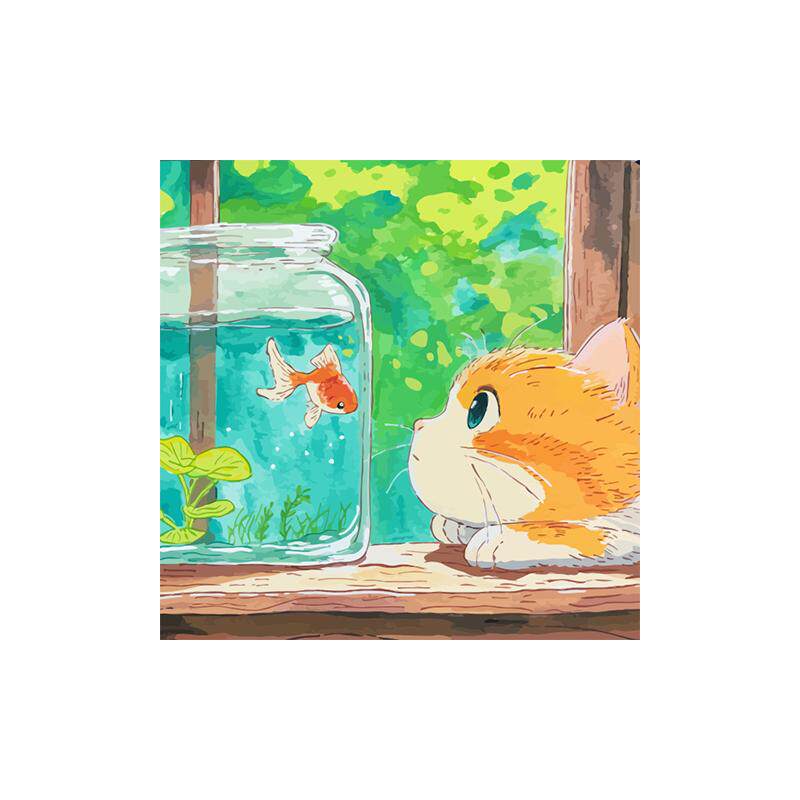 丙烯卡通治愈系夏日猫咪数字油画