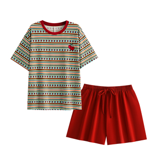 悦内睡衣女款夏季夏款纯棉短袖短裤家居服休闲圆领可爱樱桃可外穿