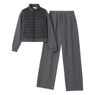 LUM 灰色羽绒服马甲套装女秋冬2026新款韩系休闲卫衣阔腿裤三件套