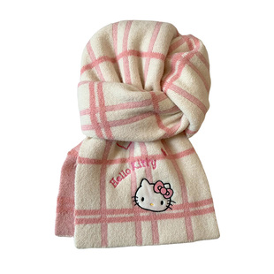 三丽鸥HelloKitty双面针织围巾女秋冬季保暖防寒粉色格纹护颈围脖