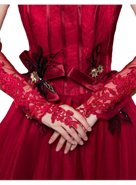 新娘手套婚纱手纱长款白色结婚礼服手袖蕾丝韩式秋冬季缎面红色仙