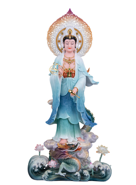 汉白玉站龙观音佛像供奉摆件