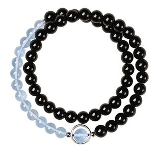 天然黑曜石海蓝宝手串女款水晶手链男款补水双圈转运珠手链情侣款