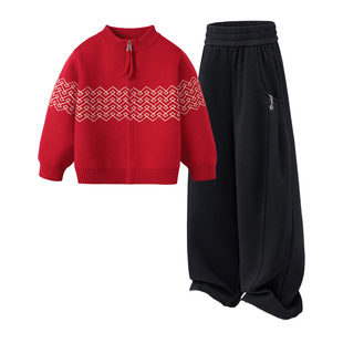 雅鹿男童过年服套装儿童加厚毛衣外套2026新款大童马年红色拜年服