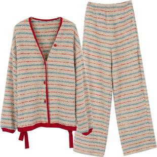 朵朵可可冬季睡衣女珊瑚绒羽毛纱半边绒家居服长袖套装