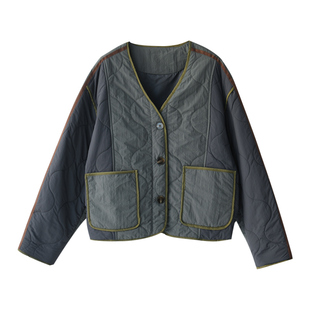 F77550 文艺休闲复古拼色绗缝宽松羊毛保暖短棉服外套女米兰宣言