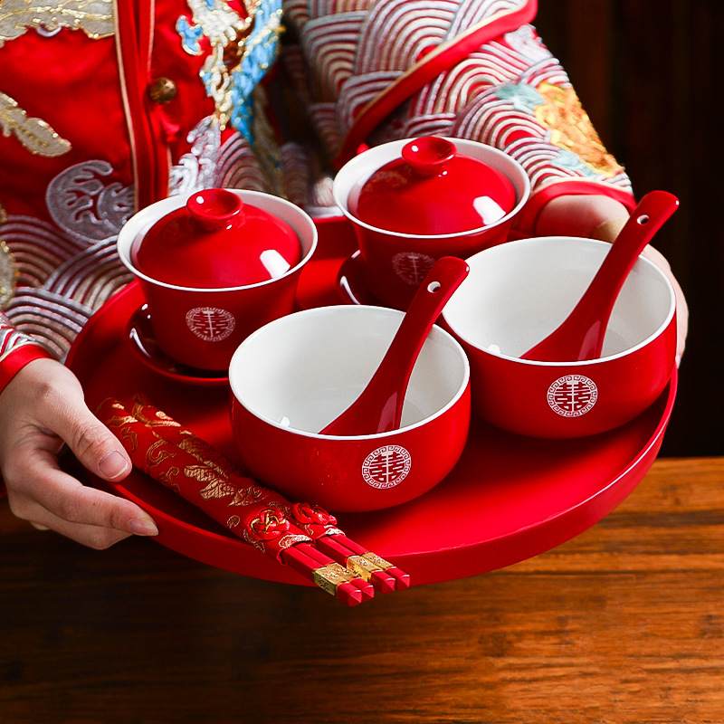 结婚用品改口敬茶杯套装一对喜碗筷杯子婚礼红色茶具敬酒陪嫁大全