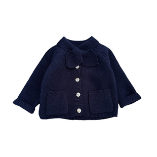韩系男童毛衣2026春秋装女宝宝蝴蝶结领针织开衫婴儿百搭外套上衣