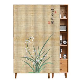 中式复古无门柜子遮挡帘书柜鞋柜开放式书架防尘帘免打孔布帘拉帘