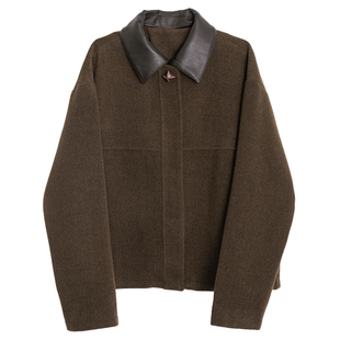 inkday日系轻复古拼皮领毛呢外套女 落肩廓形保暖羊毛短外套秋冬