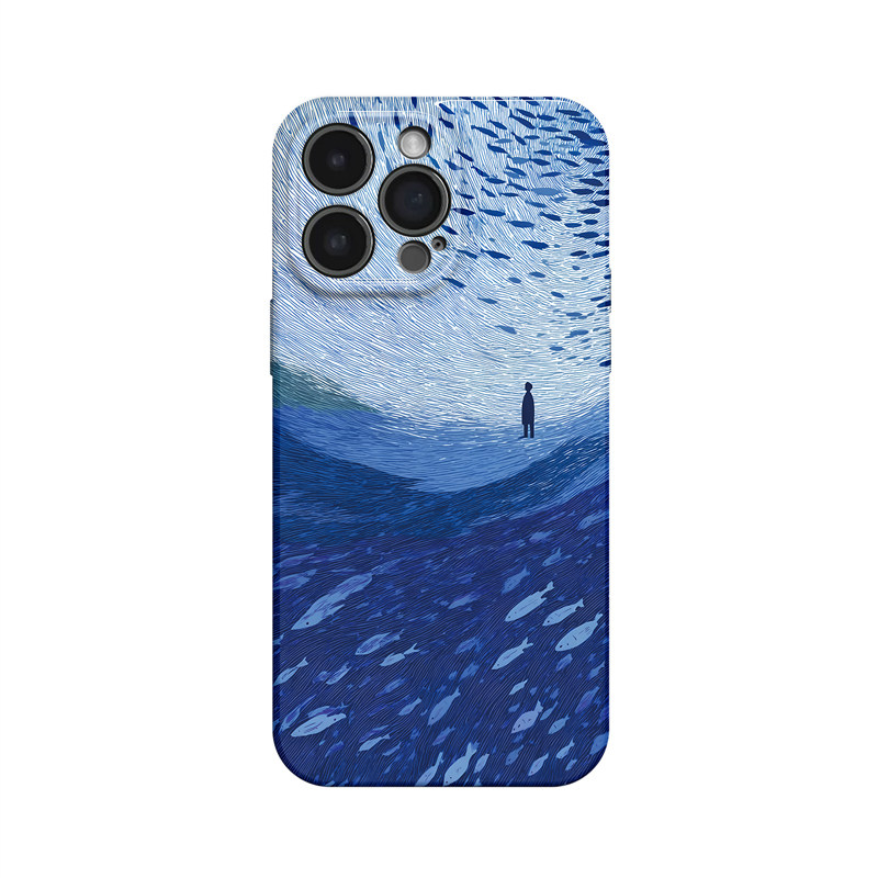 蓝色鱼群~艺术线条ins适用iPhone16/15promax手机壳华为mate60小米14opporeno14苹果13小众vivox200一加ACE3