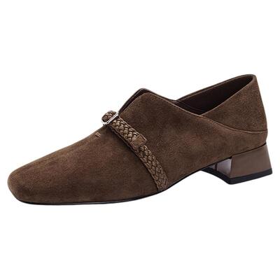 星期六方头中跟一字带通勤女单鞋