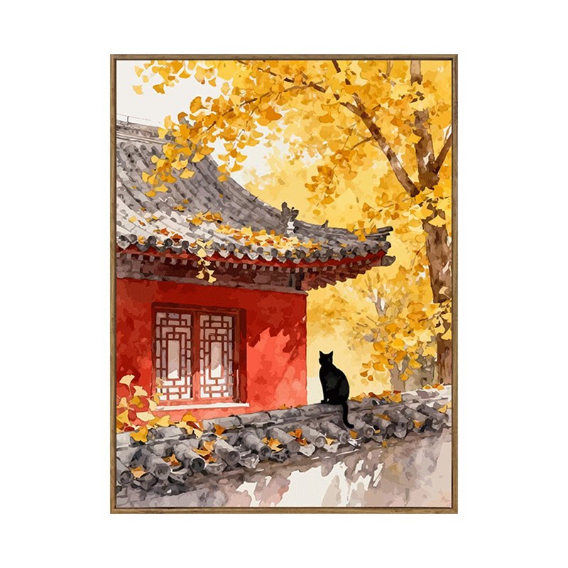 中国风故宫风景猫咪数字油画