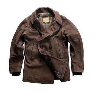 正品防风袖复古740中长款大衣磨砂真皮外套男士双排扣山羊皮皮衣