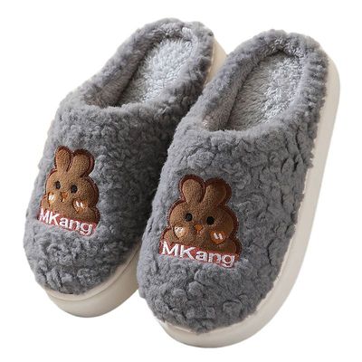新款棉拖鞋女秋冬天室内家居可爱厚底保暖情侣毛毛拖鞋男平底灰色