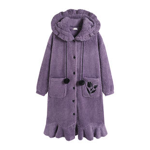 妮狄娅睡衣睡袍女冬季珊瑚绒连帽中长款减龄时尚可外穿保暖家居服