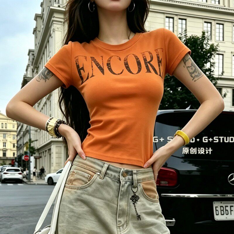 美式辣妹夏季新款圆领短袖T桖字母印花修身显瘦时尚百搭上衣9121