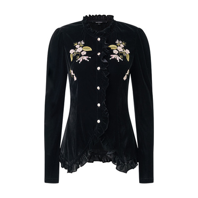 法式宫廷-刺绣针织收腰丝绒衬衫