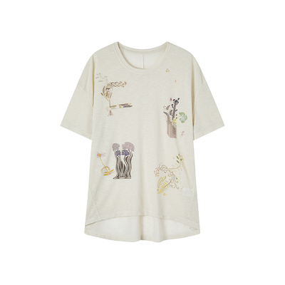 SAME FLOW原创设计感慵懒风印花透气落肩短袖T恤女春夏五分袖上衣