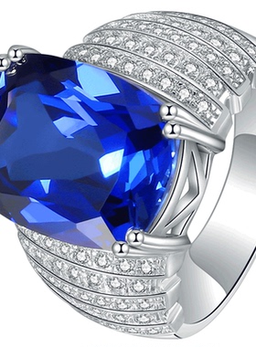 925纯银镀白金男士蓝宝石戒指