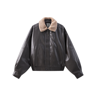 COLN深棕色PU皮衣毛领棉服在这冬天风度和温度之间的双全选择