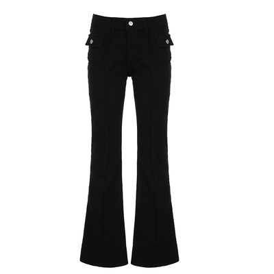 WEEKEEP 街头辣妹黑色分割微喇显瘦牛仔裤女百搭基础修身低腰长裤