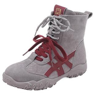 星期六马丁靴女2025冬季新款加绒加厚高帮鞋网红双鞋带运动短靴子