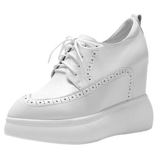 北西迪12CM内增高女鞋春秋真皮白色尖头厚底坡跟单鞋布洛克松糕鞋