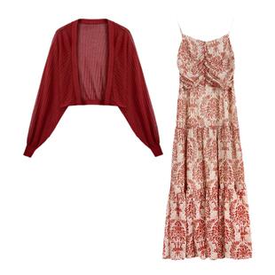 紫涵长袖针织开衫吊带连衣裙套装女夏季新款度假波嬉风两件套装裙