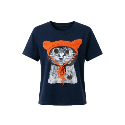 趣味搞怪猫咪立体针织帽印花短袖T恤修身显瘦正肩小众设计感上衣