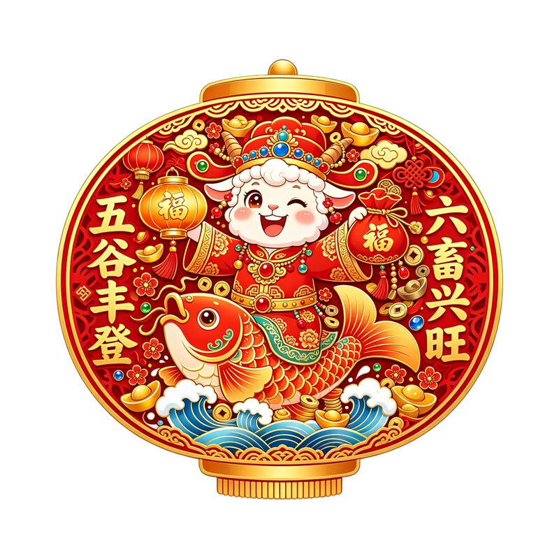 灯笼造型羊年墙贴卡通小羊锦鲤福袋五谷丰登六畜兴旺新春装饰贴画