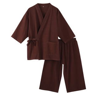 泰式按摩服棉麻汗蒸服女款理疗7分裤开衫汉和服桑拿秋浴服睡衣男