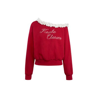 重工烫珠立体花边斜肩短款卫衣