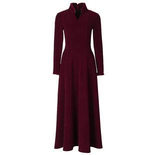 酒红长款秋冬连衣裙2025新款女气质收腰显瘦高级感喜婆婆长裙976