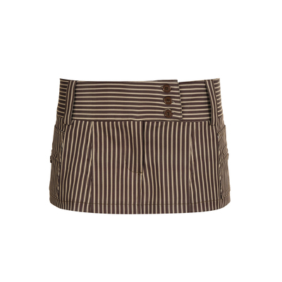 WEEKEEP 复古辣妹棕色条纹纽扣设计半身裙百搭低腰修身包臀超短裙