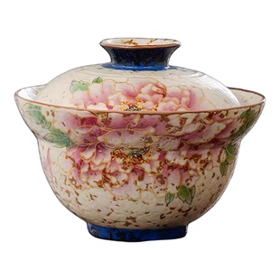 老岩泥牡丹花盖碗山石釉陶瓷功夫茶具泡茶碗家用复古中式茶碗茶杯