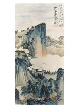 谢稚柳－峰峦泣幽图 工笔写意山水国画竖幅真迹微喷复制装饰画