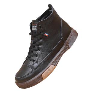 三只羊真皮高帮女鞋牛筋防滑软底新款2025秋冬加棉休闲短靴黑色鞋