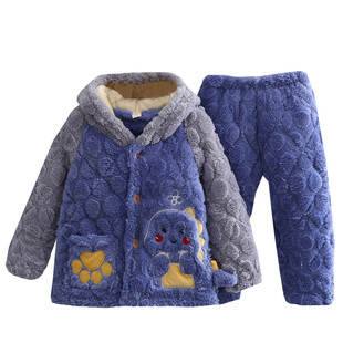 秋冬儿童睡衣男童法兰绒女孩夹棉中大童女童珊瑚绒加厚家居服套装