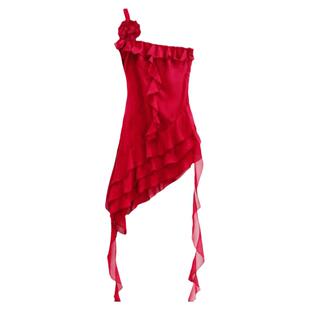 Cjxnh荷叶边飘带连衣裙 红色黑色辣妹不规则朴彩英mv显瘦百搭春夏