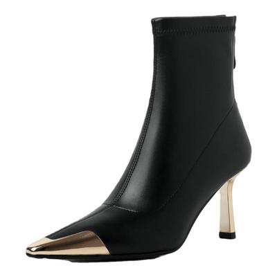 法式短靴高跟金属方头踝靴高级感